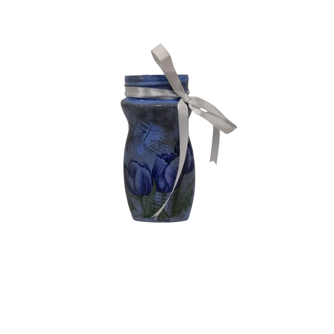 blue bottle with tulips