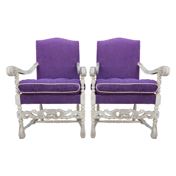 continental carved arm chairs purple