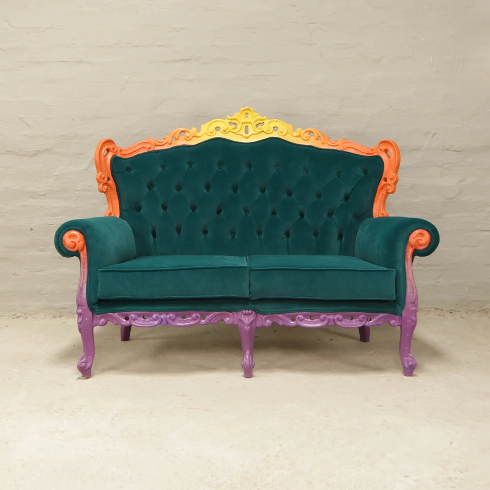 victorian carved two seater with teal velvet