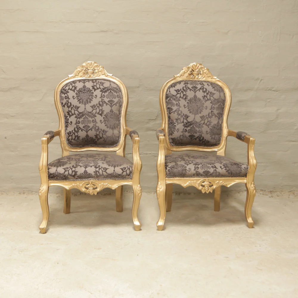 french carved chairs in gold and grey