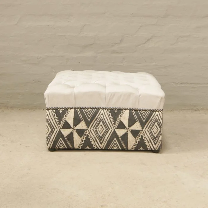 button tufted ottoman in ethnic fabric