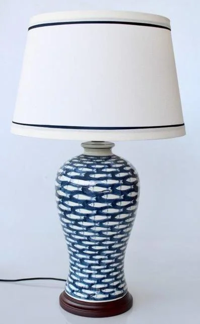 Blue Fish Lamp Base Blue Trim White Shade - Kings & Queens Antiques