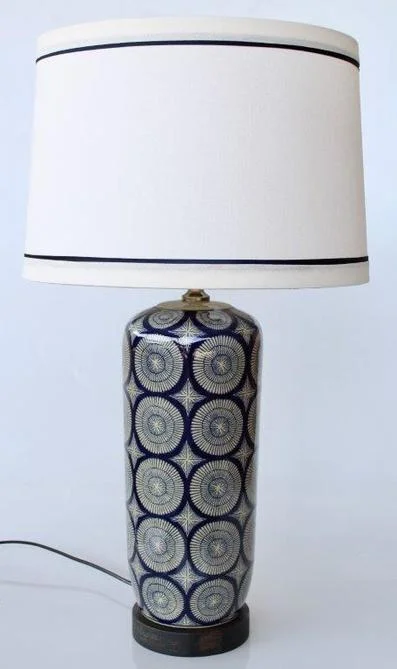 Blue Geo Circles Design Lamp White Shade Blue Strip