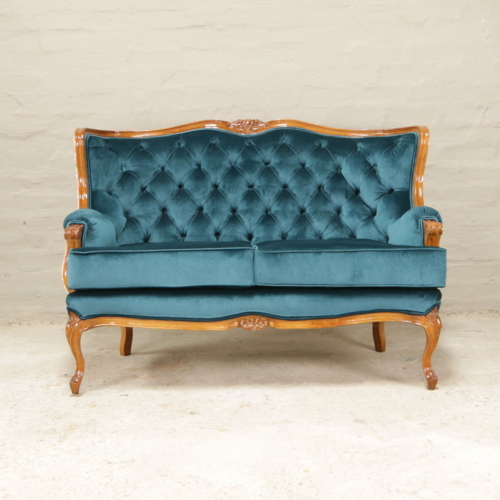 carved victorian sofa in floral teal velvet