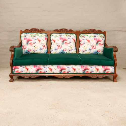 Antique Green and Floral Ball And Claw 3 Seater Sofa