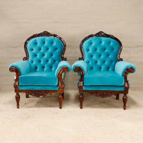 Victorian carved Armchairs in turquoise hues