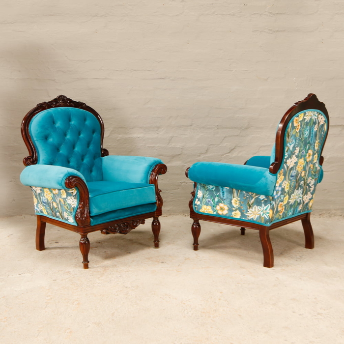 victorian carved armchairs in turqoise hues