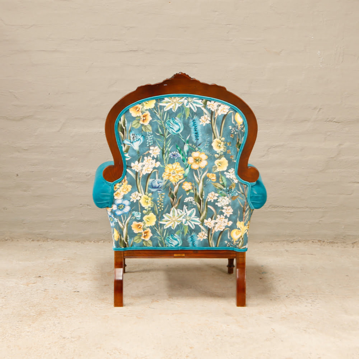 victorian carved armchairs in turqoise hues