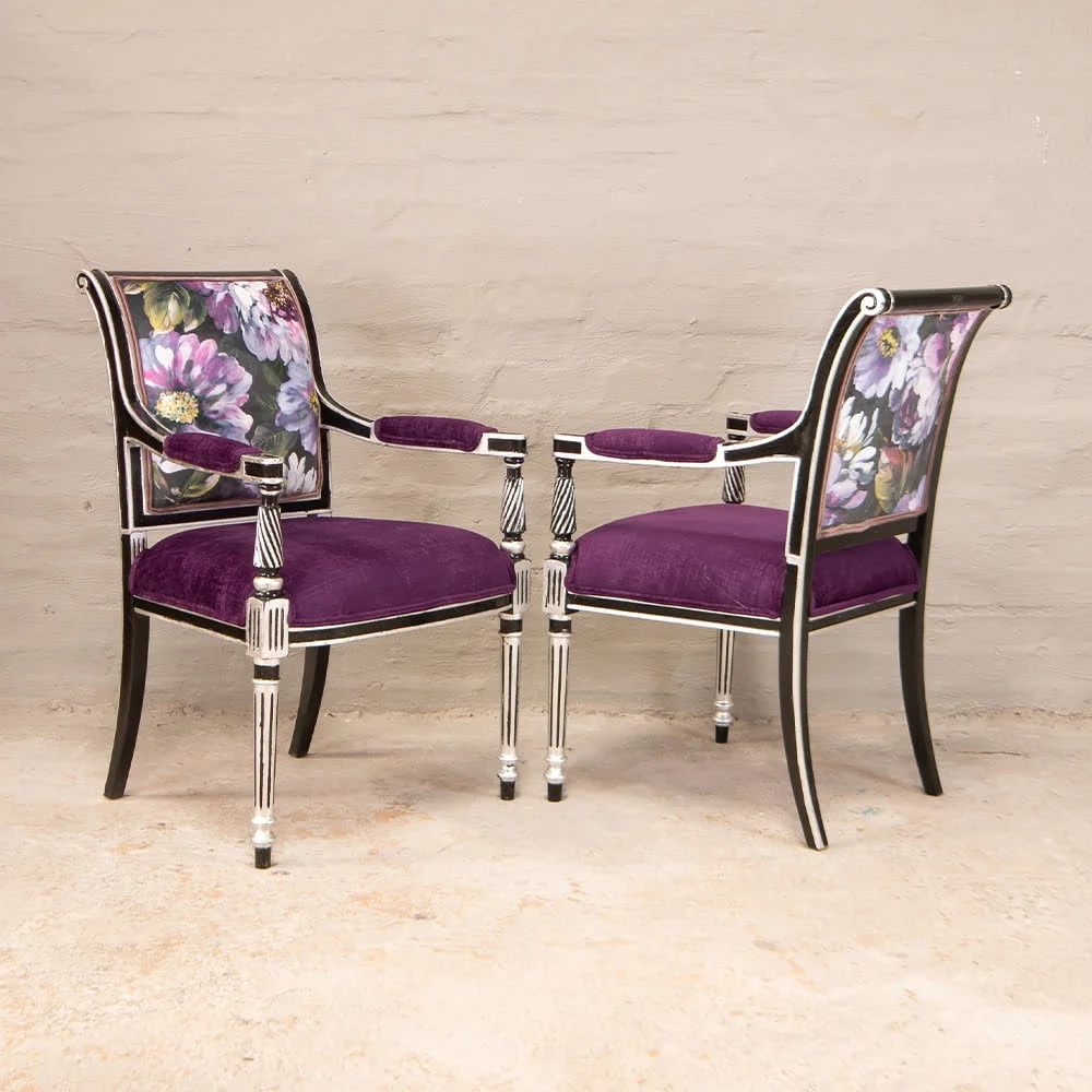 Georgian armchairs with silver leaf and purple velvet