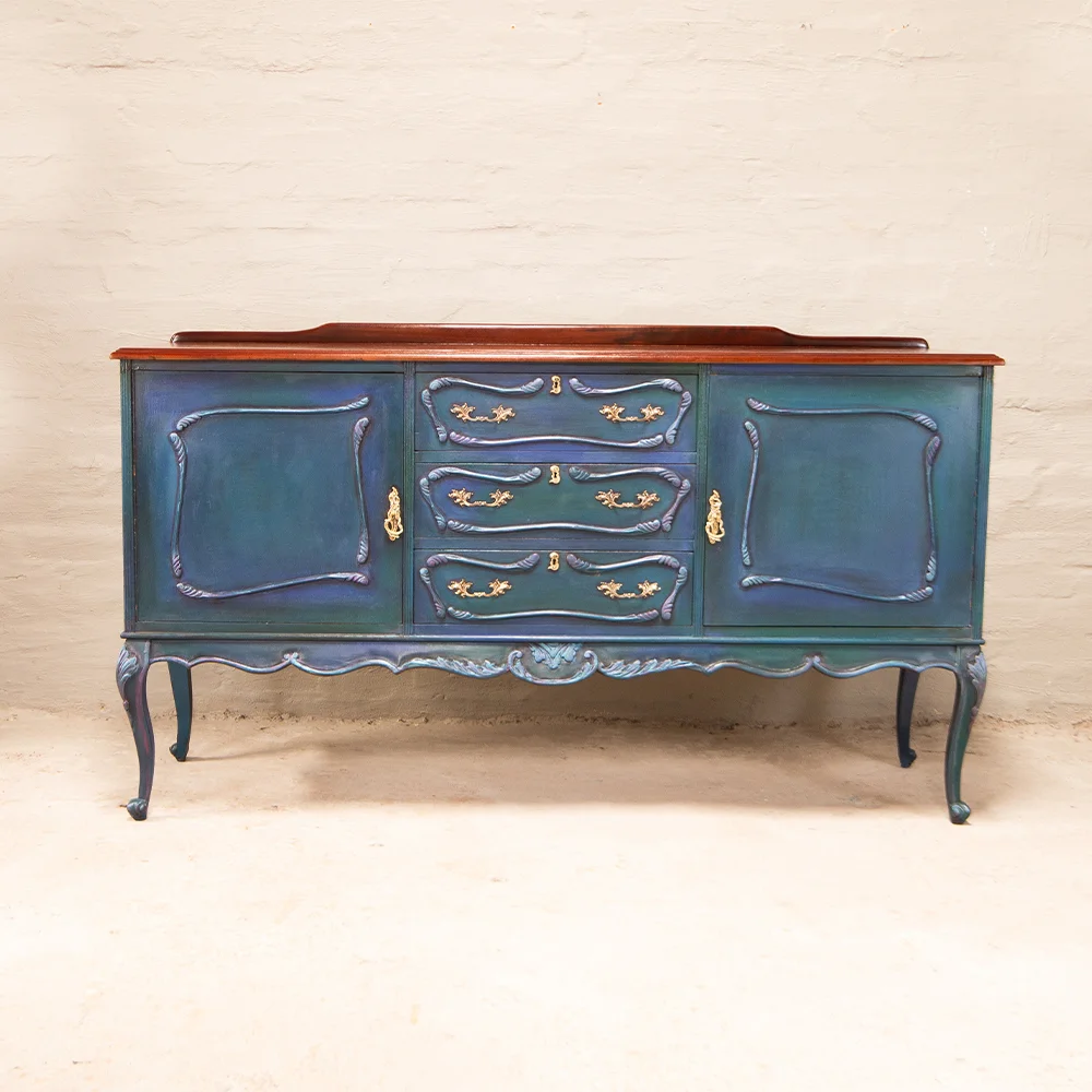 sideboard with blue and green paint technique