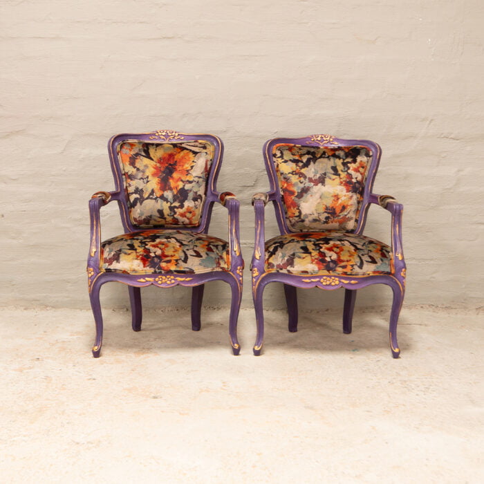 French carved chairs in purple with floral velvet