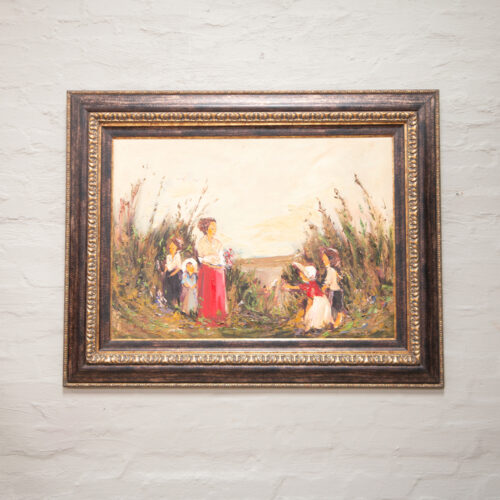 Mother with children in field on oil