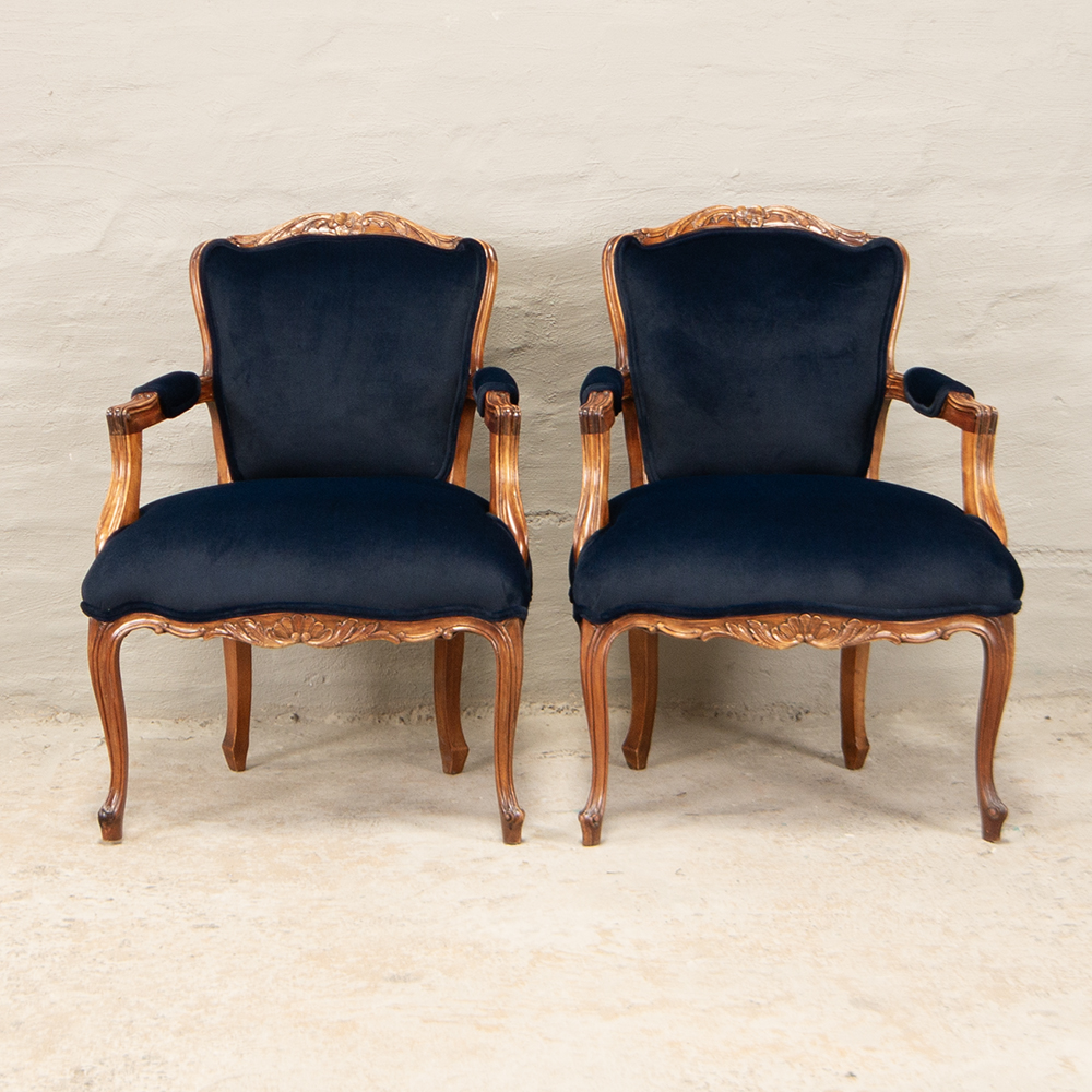 French carved chairs blue velvet