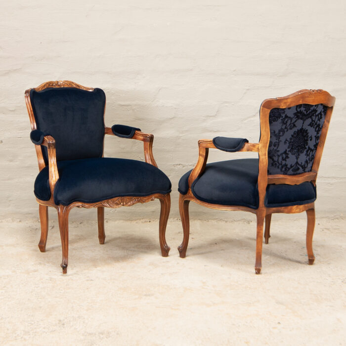 French carved chairs blue velvet