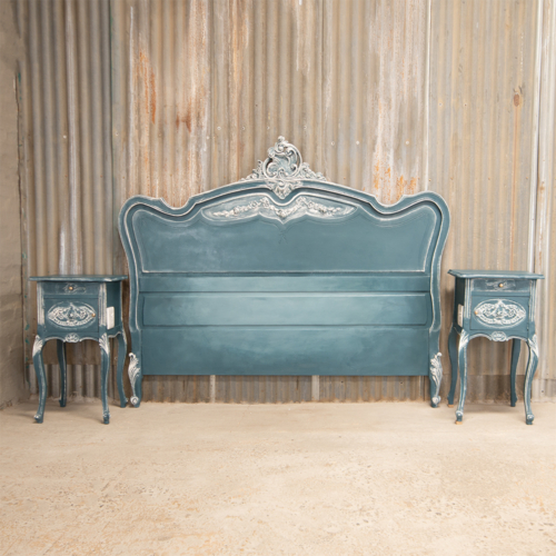 Blue French Headboard & Pedestals